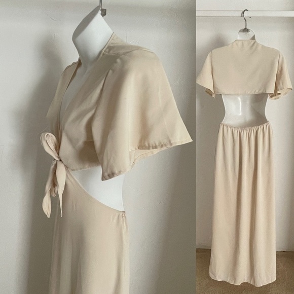Chic Boho Ivory Crepe Cutout Tie-Front DRESS Size Small - Picture 5 of 15